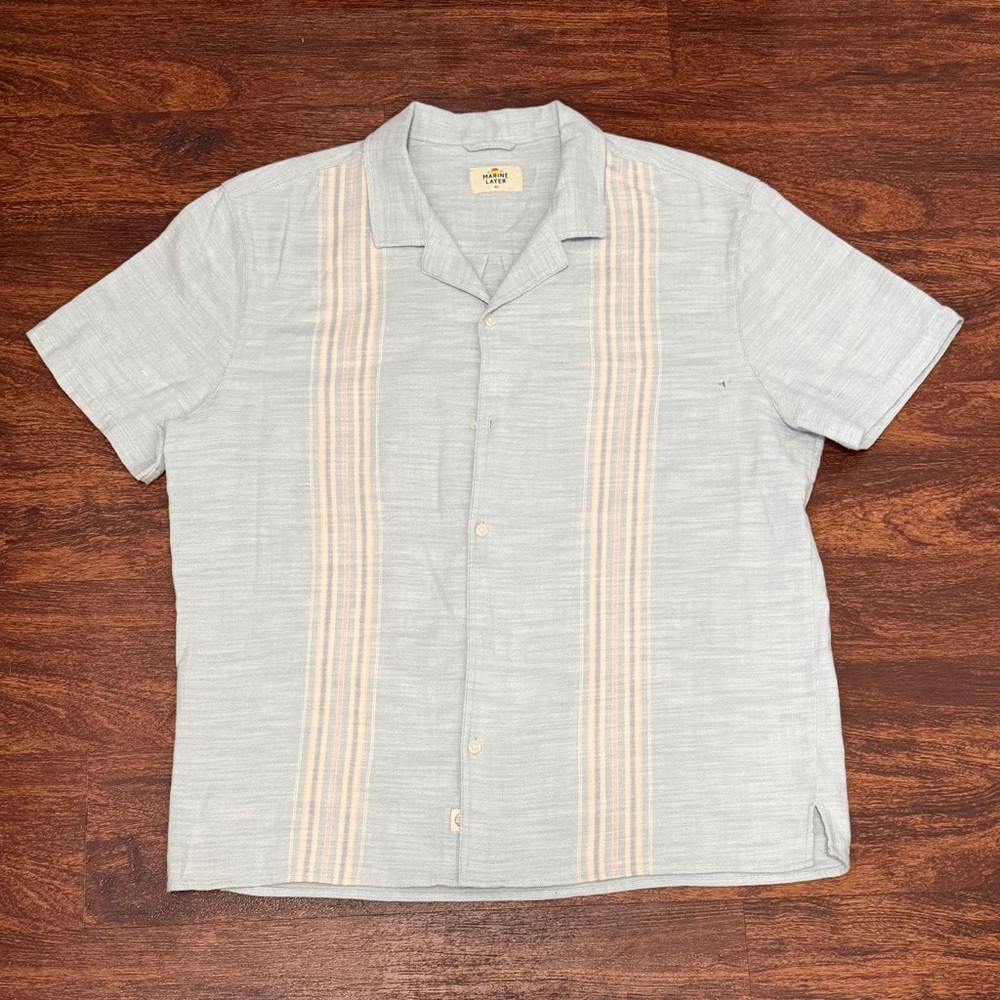 Marine Layer Shirt Mens Marge M/L Seafoam With Stripes Button Up Short Sleeve